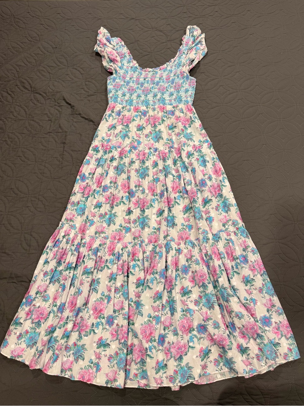 LoveShackFancy Pink & Blue Floral Smocked Maxi Dress